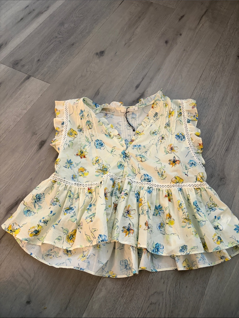 Women Zara Floral Ruffle Peplum Top - Yellow & Blue